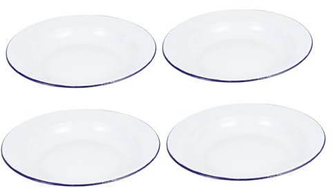 SOIMISS 4pcs 22cm White Enamel Rim Plates Shallow Bowls Retro Style Round Outdoor Picnic Dinnerware Set for Salad Snacks Camping