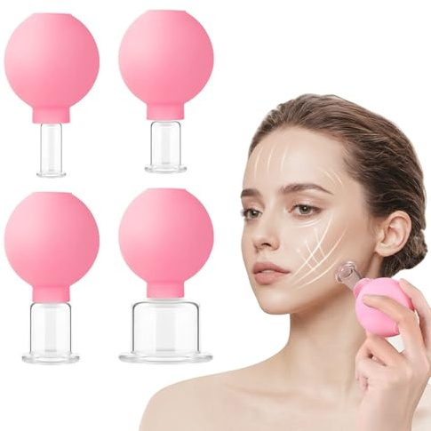 JurciCat 4 piezas de ventosas fisioterapia Con ventosa celulitis de silicona Set de ventosas faciales Contra las arrugas tensiones y alivio del dolor(Rosa)