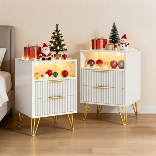 Wumagin Nachttisch 2er-Set mit LED-Beleu-chtung und Lade-Station, Nachtschrank mit 2 Schubladen und Offenes Fach Beistelltisch Sofatisch für Wohnzimmer Schlafzimmer