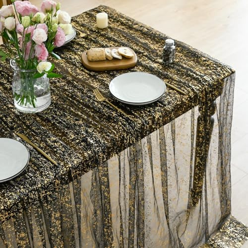Artoid Mode Gaze Tüll Glitter Folie Schwarz Gold Tischdecke Rechteckig 150x213 cm, Goldene Pailletten Tischwäsche Küche Urlaub Party Dekor