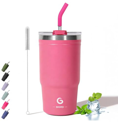 BIGRD 20oz Tasse Isotherme Café avec Paille étanche en acier inox 591ml,Mug Isotherme à double paroi sous vide sans BPA,Rose poudre
