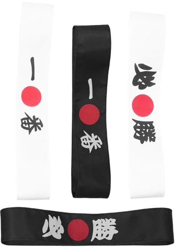 Mikinona 4 Stück Pack Ninja Stirnbänder Karate Kampfsport Breites Elastisches Hachimaki aus Baumwolle Schwarz Weiß Atmungsaktiv für Training Sushi Küche und Kostüm