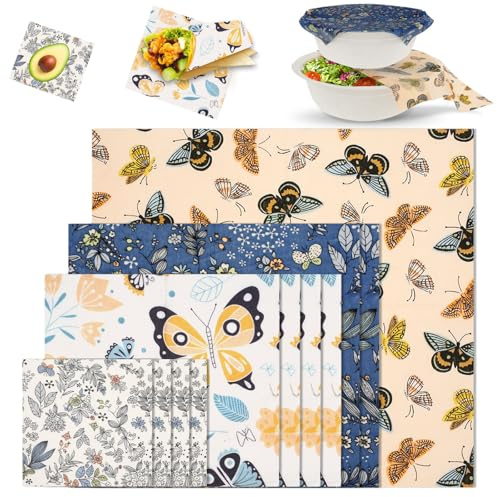 MENIBBLER 11Pcs Beeswax Food Wraps Set Reusable Bees Wax Food Storage Wrap Eco-Friendly Wax Paper for Foods Organic Cotton Bread Sandwich Wrapper for Cheese Fruit Sandwich Wrappers Bowl Covers