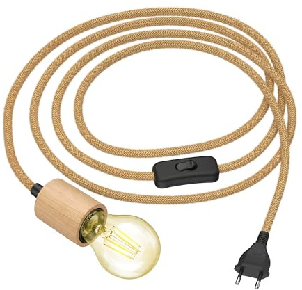 ledscom.de Hanfkabel KIVO, beige, 3m, Echtholz E27 Fassung, Stecker, Schalter, inkl. LED Lampe, 471lm, extra warmweiß
