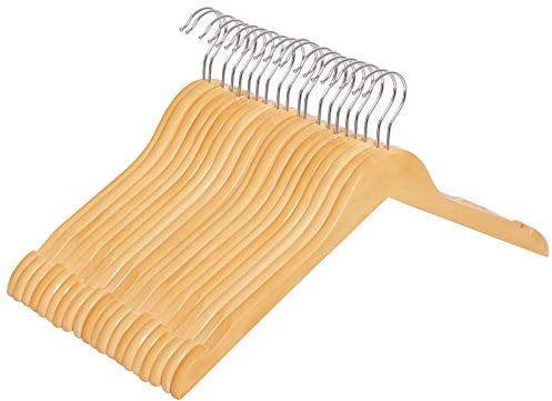 SONGMICS Kleiderbügel, 20er Set, Kleiderbügel Holz, aus Massivholz, Holzbügel mit Einkerbungen, Jackenbügel, um 360° drehbarer Haken, rutschfest, 44 cm lang, naturfarben CRW003-20