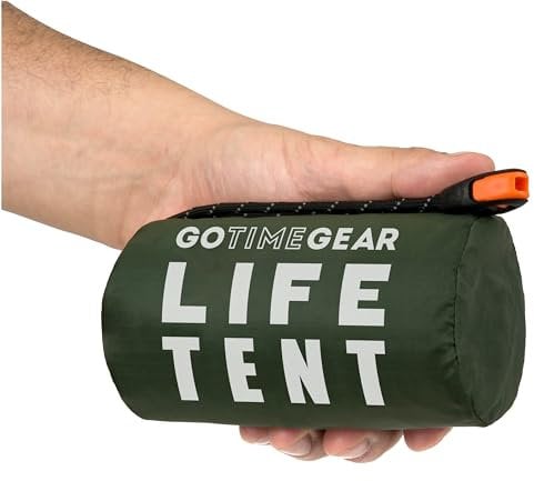 Go Time Gear Life Tent Notfallzelt – Biwakzelt für 2 Personen – Geeignet als Notfallzelt und -Schutz, Rohrzelt, Survival Ausrüstung – Zelt 2 Personen mit Survival-Pfeife und Paracord-Kordelzug - Grün