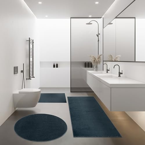 Paco Home Badezimmerteppich Badematte Badteppich Waschbar rutschfest Weich Modern Einfarbig, Grösse:Ø 80 cm Rund, Farbe:Blau