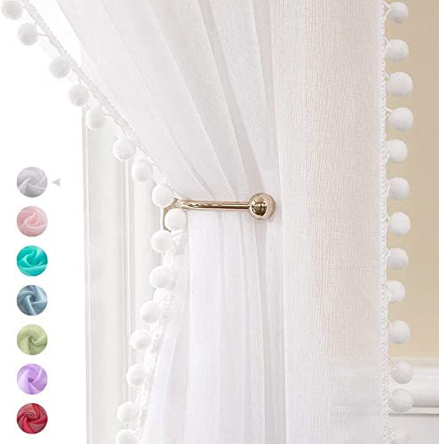 MIULEE Gardinen mit Pompons-Hübsche Weiß Transparent Gardinen für Kinderzimmer Mädchen, 2 Stücke Vorhang mit Pompons für Mädchenzimmer, Durchsichtig Vorhang mit Bommeln, Jeder H 245 X B 140cm