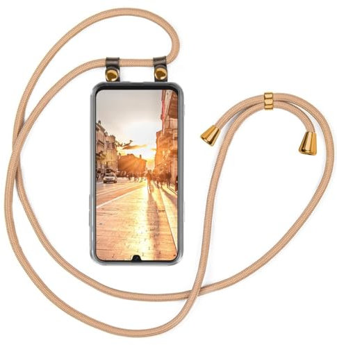 moex Handykette für Samsung Galaxy A70 Hülle mit Band abnehmbar, Handyhülle mit Kette zum Umhängen, Handyband Kordel Umhängehülle, Necklace Handy Umhängeband, Gold