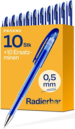 Praknu 10 Radierbarer Kugelschreiber Blau - Set mit 10 Ersatzminen - Einfach zu radieren - Feine Stiftspitze 0,5mm