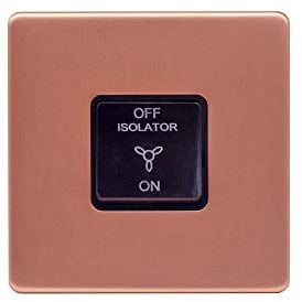 Lieber Brushed Copper 10A 1 Gang 1 Way 3-Pole Fan Isolator Switch - Black Insert Screwless
