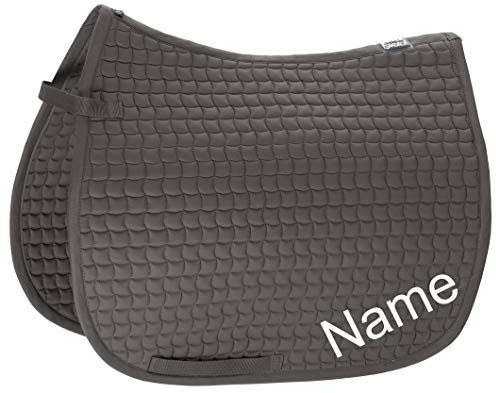 Eskadron Anthra Cotton Pony Dressur-Schabracke mit individuellem Namen Bestickt, Schriftart:Jacobal (Schreibschrift verschnörkelt), Garnfarbe Maderia:Poppy red 1838