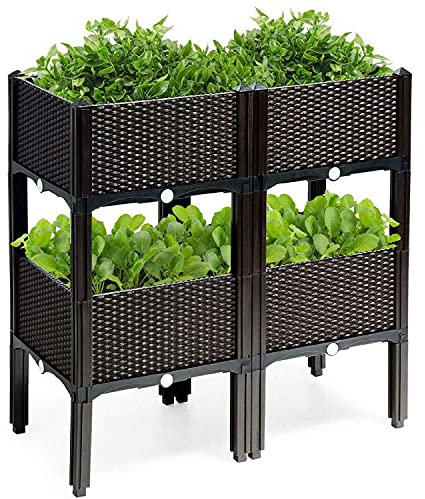 Taylor & Brown Set of 4 Elevated Plastic Raised Garden Bed Planter Box Kit Rattan Effect For Flower Vegetable Herbs With Self Water Design & Drainage Holes - Brown