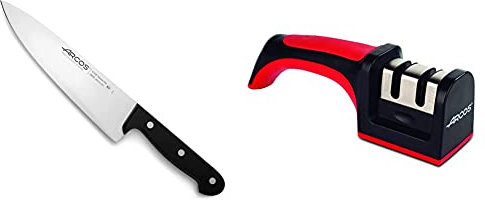Arcos Cuchillo Universal Cocinero 200mm, Acero Inoxidable, Plateado, 200 mm + Afiladores, Afilador de Cuchillos de Mano, Hecho de ABS + TPE, Rodillos Cerámico y Carburo, Color Rojo y Negro