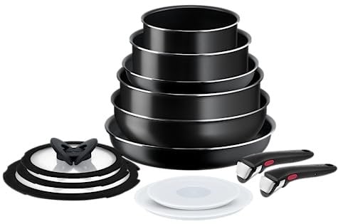 Tefal Ingenio Easy On - Juego de 2 Sartenes 22/28 cm + 2 Cazos 16/20 cm + Guisera 24 cm + Wok 26 cm + 2 Mangos extraíbles + 5 Accesorios, No apto inducción, antiadherentes, sin PFOA