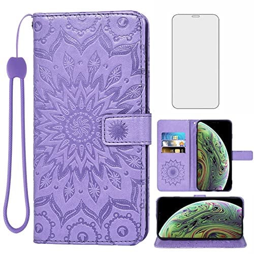 Phone Case for iPhone Xs X 10 10s Wallet Cases with Tempered Glass Screen Protector Leather Flip Cover Card Holder Stand Cell iPhoneX iPhoneXs iPhone10 i PhoneX SX 10x 10xs X’s Women Purple