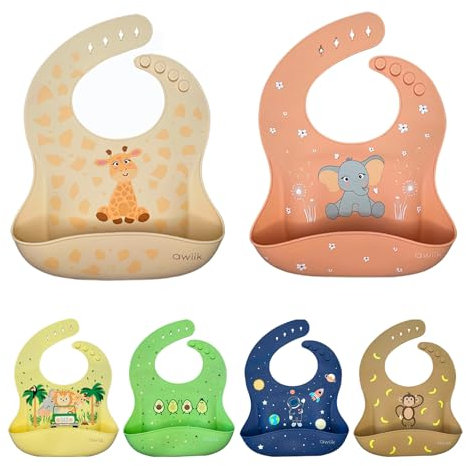 AWIIK 2 Stück extra weiches Silikon-Lätzchen für Babys, Mädchen und Jungen. Lätzchen mit Tasche. In 4 Größen verstellbar. Ergonomisch. Regenjacke. Mit Lebensmittelsammler. (Giraffe und Elefant)