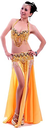 kzytamz Bauchtanz Kostüm Für Frauen Sexy Top BH Und Gürtel Tanz Rock Set Professionelle Bauchtanz Karneval Outfit (M,Gold)