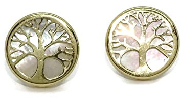 Orecchini da donna albero della vita in oro giallo 18k con madreperla diametro 1,00 cm, chiusura a pressione, cm, 100% oro 18k, Madreperla