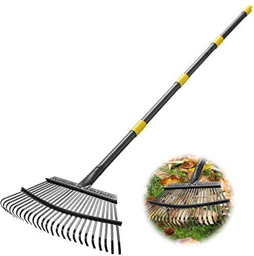 DAKEPOLE Rastrello da giardino, 190 cm, stabile, 25 denti in metallo, larghezza 45 cm, manico in acciaio regolabile, per la raccolta di detriti sotto aiuole, piante delicate, prato, cortili