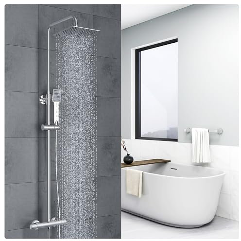 Biubiubath Système de Colonne de Douche Thermostatique Avec Mélangeur Thermostatique, Douche à Main Carrée Et Douche à Tête, Colonne de Douche Réglable En Hauteur, Anti-Brûlure, Chromé (Carré 5)