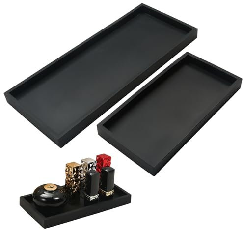 Comealltime Set of 2 Bathroom Trays, 2 Sizes, Soft Silicone Jewellery Tray, Dressing Table, Decorative Bathroom Tray Organiser for Worktop, Kitchen Sink, Washbasin, Plant Decorative Plate, Black