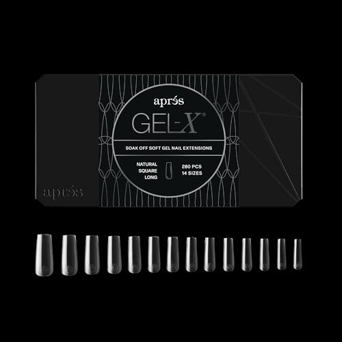 Aprés Gel-X® Square Nail Tips Box (Natural Square Long, 280 Count) | 280 Gel-X Tips, Soft Tips, 14 Sizes 00-9, Half-sizes Included