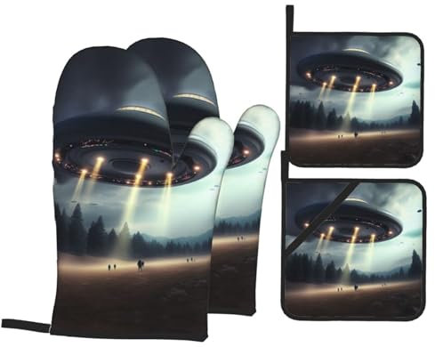 UFO Ofenhandschuhe Topflappen Set von 4 Ofenhandschuhe für Küche Wasserdicht Topflappen Hitzebeständige Ofen Hot Pads zum Grillen Kochen Backen