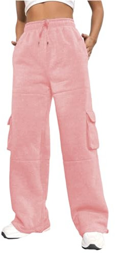 Nuofengkudu Termici Pile Larghi Felpati Pantaloni della Tuta da Donna Coulisse Elastico Vita Alta Cargo Tasche Joggers Comodi Sportivi Casa Pantalone Jogging Invernale Casual Rosa S
