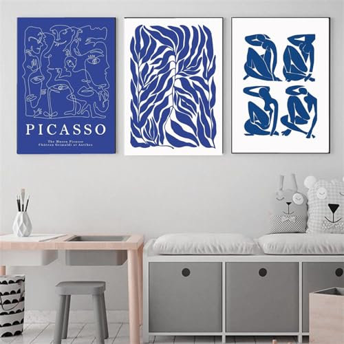 Yangld Peinture sur toile bleu Henri Matisse Picasso feuilles de corail affiches et impressions Art mural pour salon photos décoratives 30x40 cm-3 pièces sans cadre