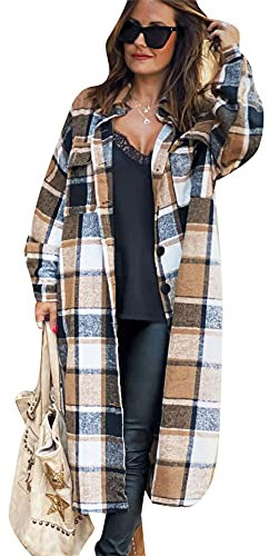 Yming Frauen Revers Button Down Shacket Mantel Oversized Color Block Casual Lange Ärmel Plaid Mantel Braun M