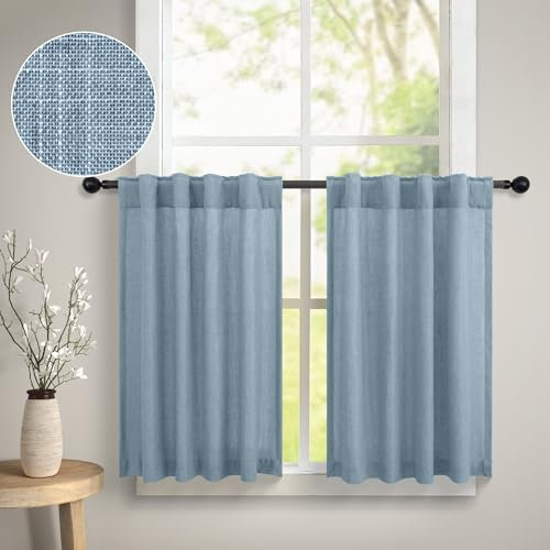 Hellblauer Küchen-Vorhang, 61 cm Länge für kleines Fenster, 2 Paneele mit Schlaufen auf der Rückseite, Baumwolle, strukturiert, durchscheinend, kurzer Café-Vorhang, Volant für Badezimmer, Wäsche,