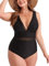 CUPSHE Maillot de bain une pièce grande taille pour femme, col en V, maille festonnée, bretelles réglables, noir, X-Large plus