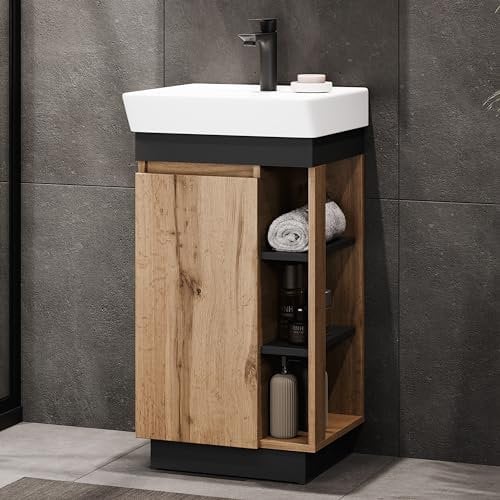 Planetmöbel Nyx Badmöbel Waschtisch mit Unterschrank 50 x 85,9 x 42 cm Wotan Eiche/Anthrazit, Badezimmermöbel für Gäste-Bad, WC