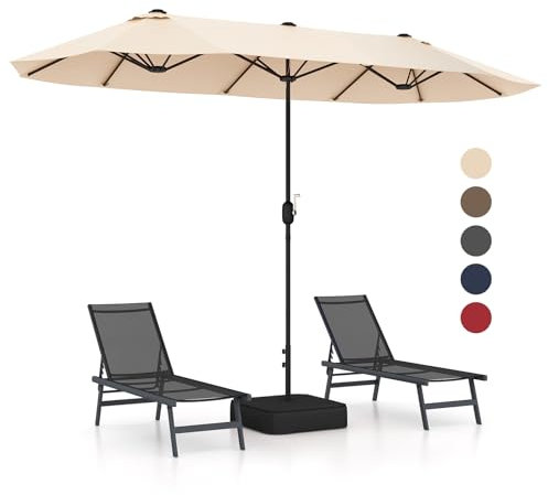 GOPLUS Parasol de Jardin Exterieur avec Pied, 4M Parasol Double Face avec Manivelle et Ventilation, Grand Parasol Extérieur pour 6 Personnes pour Marché, Piscine, Terrasse, Balcon (Beige)