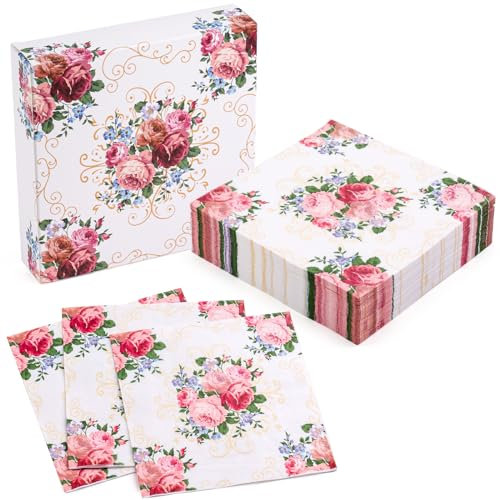 RUSPEPA 50 Stück elegante Blumenservietten – Einwegserviette aus 3-lagigem Papier, perfekt für den täglichen Gebrauch und zum Ausstellen – 16,5 x 16,5 cm/33 x 33 cm (aufgeklappt)