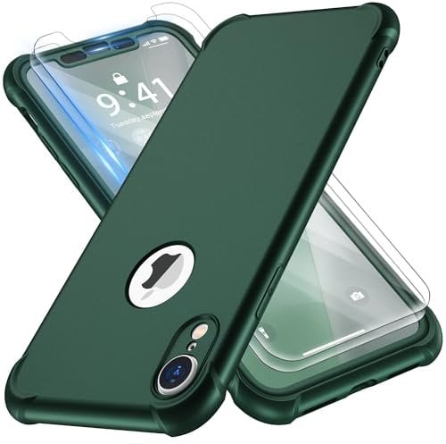 ORETECH Coque Compatible avec iPhone XR, avec 2 x Protecteur D'écran en Verre Trempé 360°Housse Hybride Robuste 2 en 1 Antichoc Ultra Mince Mat Anti Rayures PC TPU Etui pour iPhone XR Case Vert