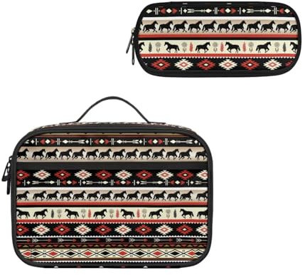 COEQINE Brotdosen-Set mit Aztekenpferd-Themen, für Kindergarten, Lunchbox-Set, großes Fassungsvermögen, Federmäppchen, Western Tribal Jungen, Beige
