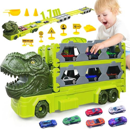 YESLUSY Transport-LKW Autos Spielzeug für Jungen von 3 bis 7 Jahren: LKW, Dinosaurier-Rennen, tragbar, mit 6 Rennautos und LKW mit 1,7 m Tragkraft, ideales Fahrzeug