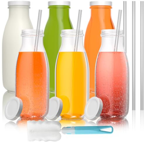 HYCKee 6 Pack 11oz 330ml Glass Milk Bottle with Metal Cap, Clear Glass Container for Juice, Milkshake, Smoothies, Water and More