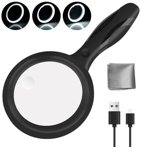 Lupe mit Licht, Wbbrbbr 60X 30X Handlupe Leselupe mit 33 LED Licht, USB-Aufladung Lupe 3 Modi Vergrößerungsglas, Hohe Klarheit & Leichtgewicht für Senioren, Kinder, Juwelier, Hobbies (Schwarz)