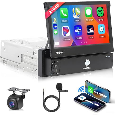 Rimoody 2G+64G Android Single Din Car Stereo with Wireless Carplay Android Auto 1 DIN 7 Inch Flip Out Touch Screen Bluetooth Car Radio GPS WiFi FM RDS Radio Mirror Link Backup Camera