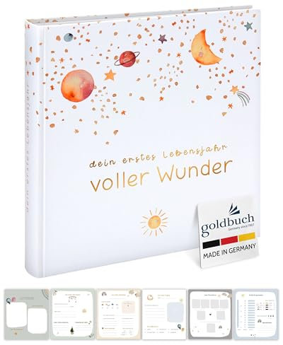 goldbuch 15 498 Babyalbum voller Wunder im Weltraum-Design, Leinenstruktur Fotoalbum mit 58 weißen Blankoseiten, Pergamin & 4 illustrierte Seiten, Baby Album, Papier, ca. 30 x 31 x 4 cm, Weiß