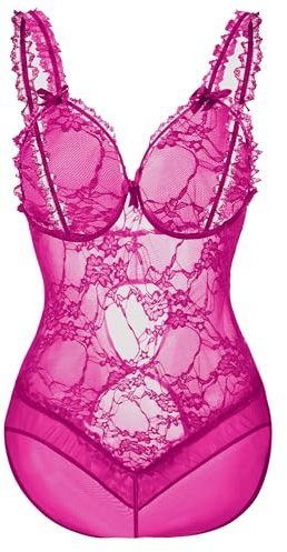 AIBINGGE Body sexy in pizzo, lingerie da donna, pezzo unico, nero, Rosa rossa1, Large