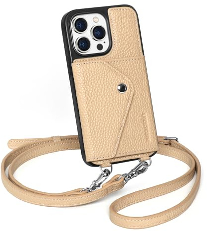 LUCKYCOIN Genuine Leather Crossbody Wallet Phone Case for iPhone 15 Pro, Shockproof Phone Purse with Adjustable Lanyard Strap & Card Holder, Crossbody purses for Women, Pebble Grain Beige