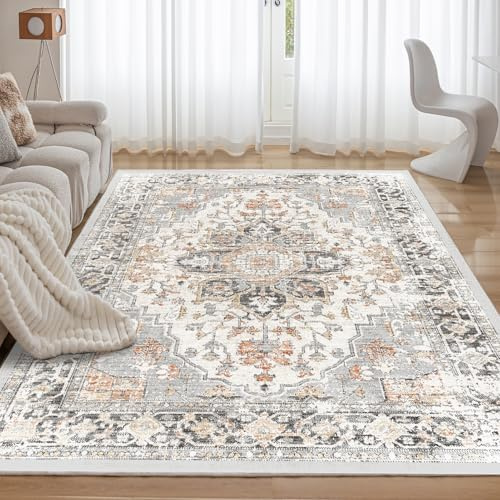 CHOSHOME Waschbarer Teppich Wohnzimmer 160X230CM Teppiche Kurzflor Schlafzimmer rutschfest Teppich Flauschiger Vintage Grau