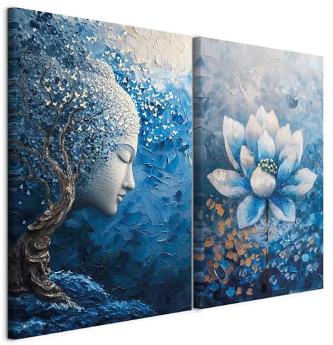 murando - Ensemble de 2 tableaux d'art décoratif 80x60 cm - Impression sur toile décoration murale peinture maison salon chambre - Zen bleu en version calme p-H-10007-b-a