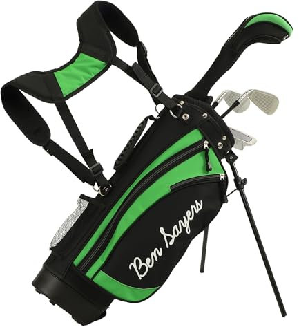 Ben Sayers Junior Stand Bag Golf Package Set | Kids Starter with 4 Clubs | Lightweight Graphite Shafts & Soft Grips | Oversize Driver, Irons, Putter, Bag & Headcovers (Black/Green, 5-8 years)