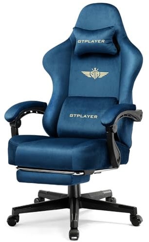 LUCKRACER Gaming Chair for Adults, Fabric Ergonomic Computer Chair with Footrest, Headrest and Lumbar Support, Pocket Spring Cushion, High Back Adjustable PC Home Office Desk Chairs,Blue