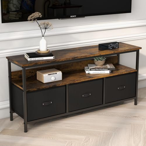 Mueble de TV con 2 compartimentos abiertos y 3 cajones, mueble bajo para TV de hasta 55 pulgadas, madera de grano de madera, mesa de televisión para salón, comedor, dormitorio, 120 x 57 x 30 cm